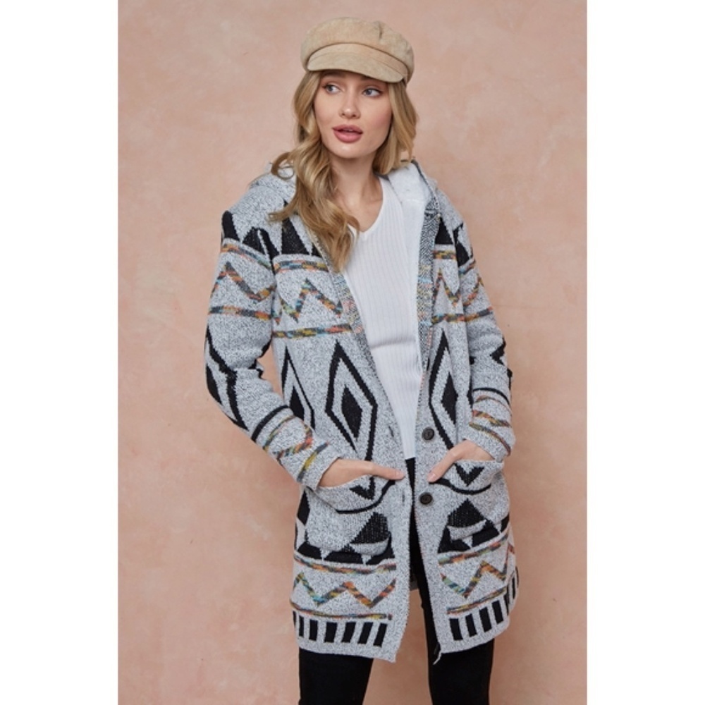 Gray Multi Sweater Hooded Long Knit Cardigan Sweater w/ Sherpa Lining - Picture 2 of 7